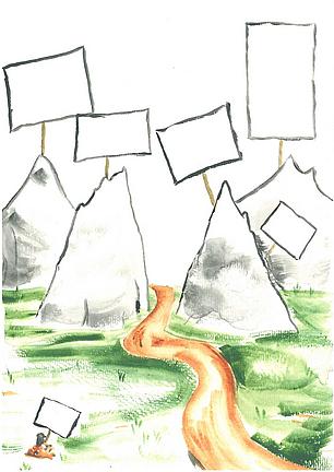 Bild eines Weges durch eine Gebirgslandschaft. An den Gipfeln sind Flächen zum Schreiben freigelassen. Die Überschrift darüber ist "Erfolge und erstürmte Gipfel"
